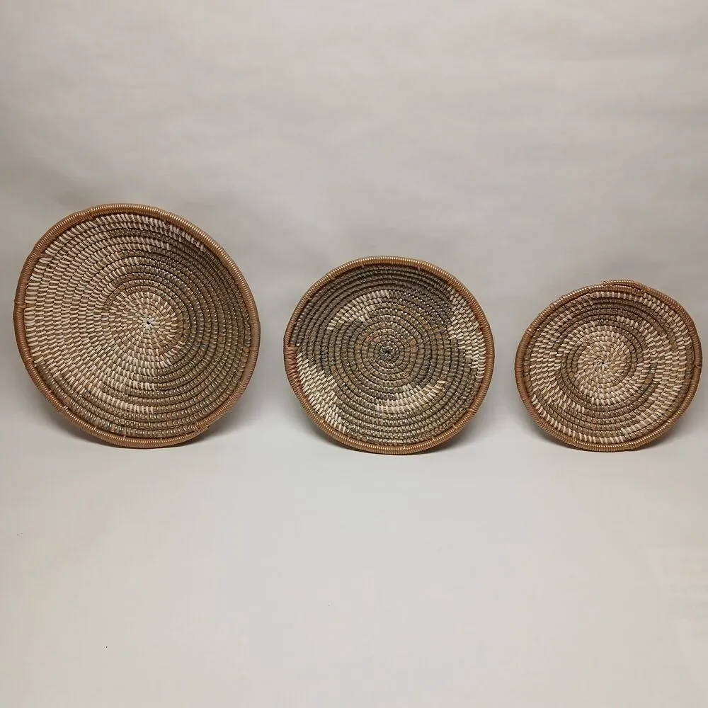 3 Piece Lot of Boho Round Wall Basket Decor, Seagrass Rattan Wicker Gallery Wall